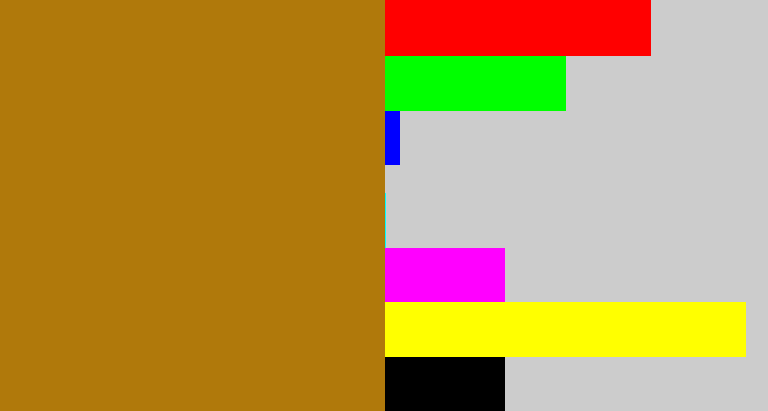 Hex color #b0790b - mustard brown