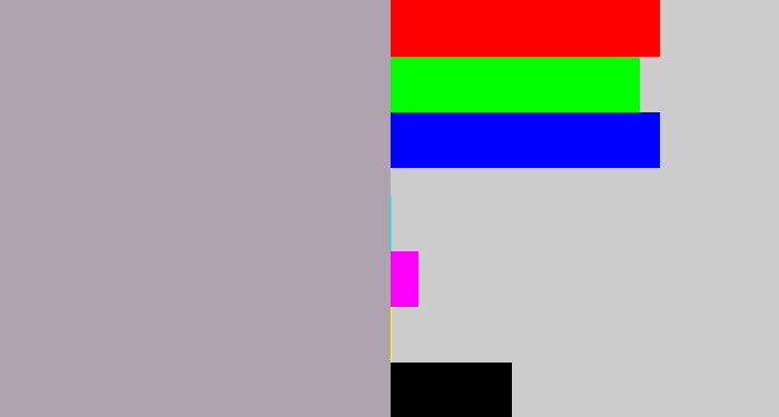 Hex color #b0a3b0 - pinkish grey