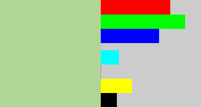 Hex color #b0d694 - light grey green