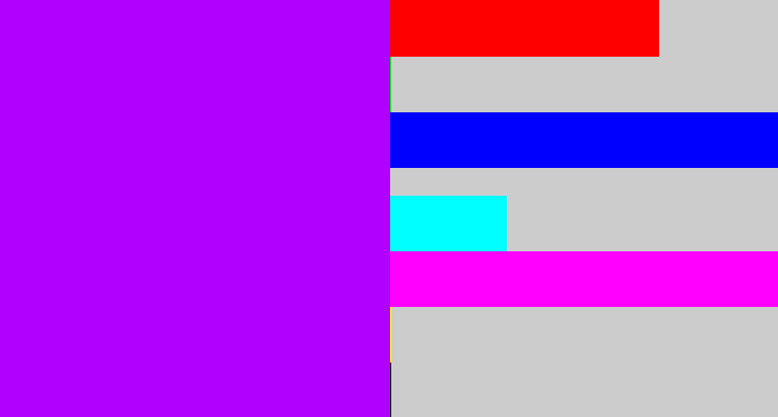 Hex color #b101fe - bright violet
