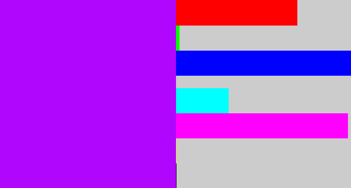 Hex color #b106fe - bright violet