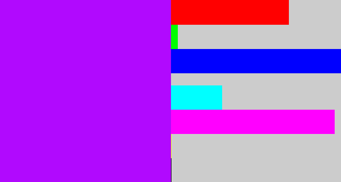 Hex color #b109fe - bright violet