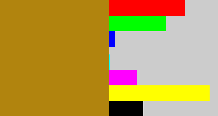 Hex color #b1840e - yellowy brown