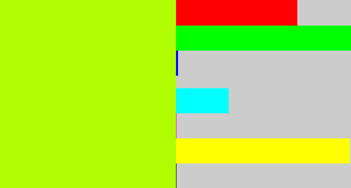 Hex color #b1fe02 - lemon green