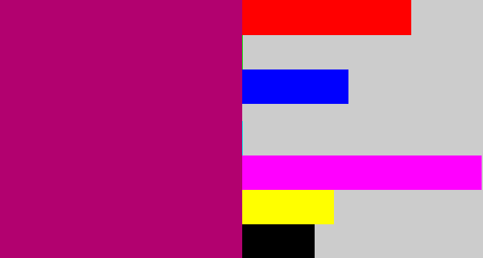 Hex color #b2016f - magenta