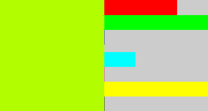 Hex color #b2fe00 - lemon green