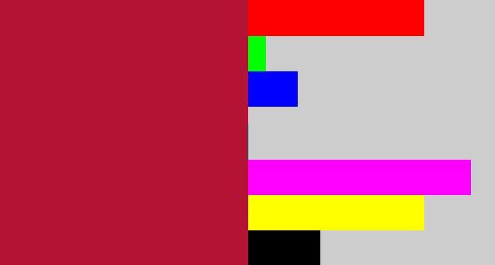 Hex color #b51334 - rouge
