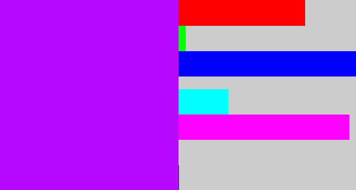 Hex color #b609fe - bright violet