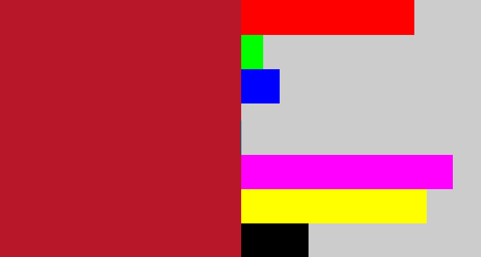 Hex color #b8172a - rouge