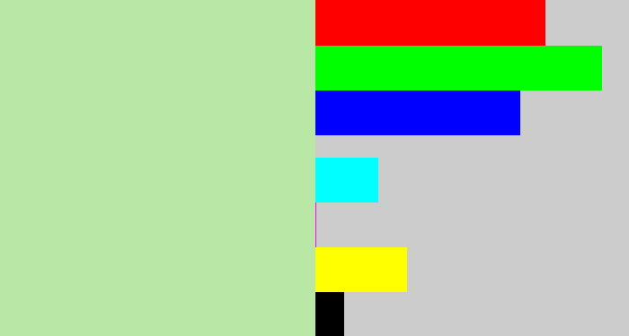 Hex color #b9e7a5 - light grey green