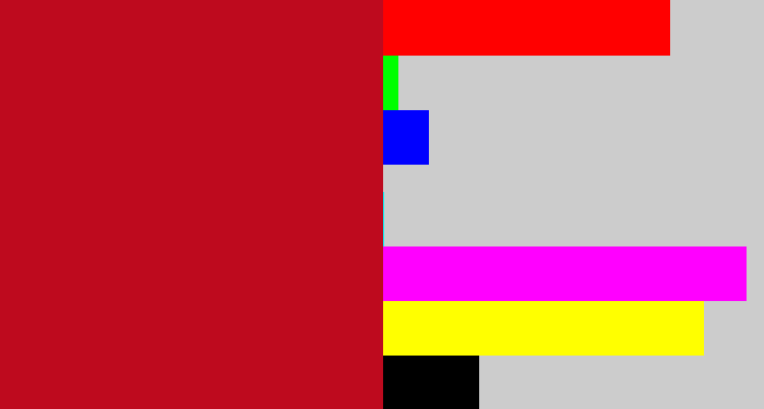 Hex color #be0a1e - scarlet