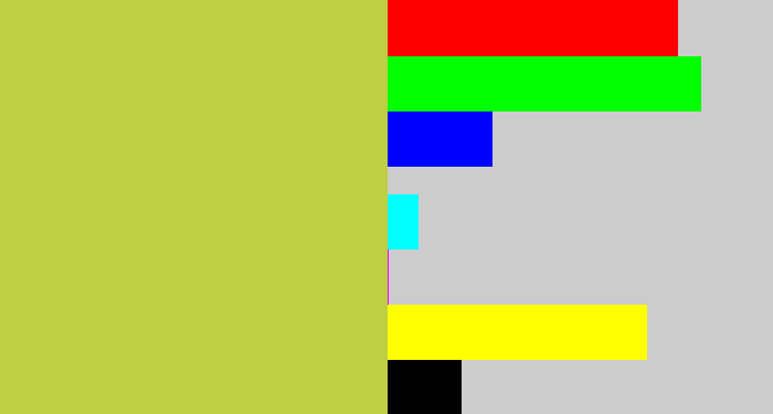Hex color #becf44 - sickly yellow