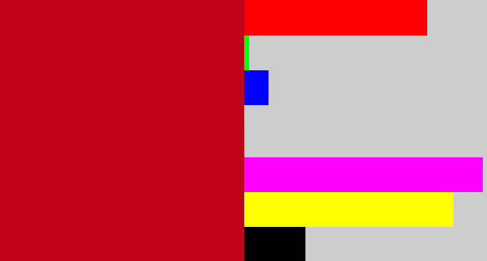 Hex color #bf041a - scarlet