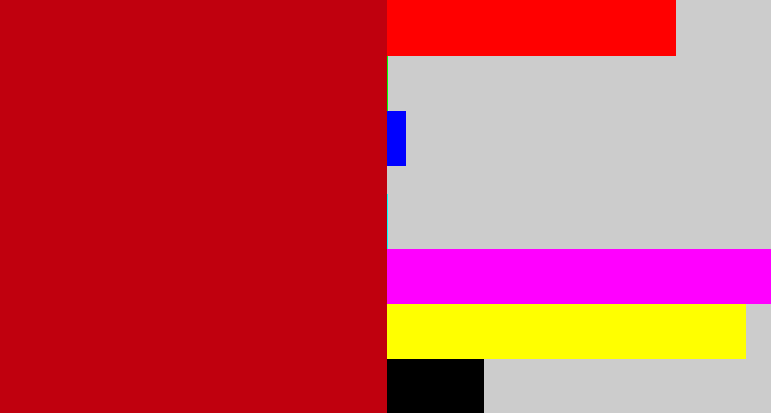 Hex color #c0000e - scarlet