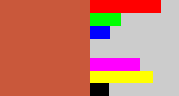 Hex color #c9583b - terra cotta