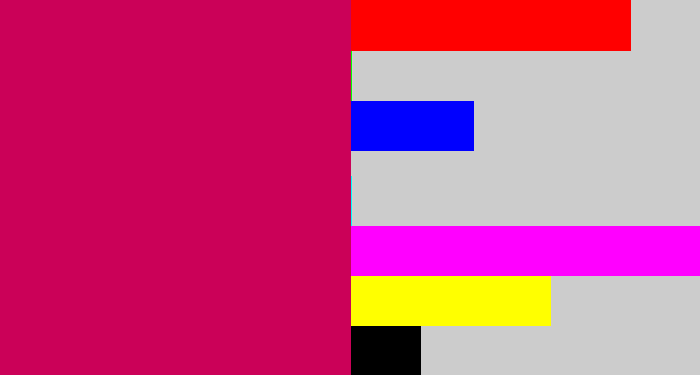Hex color #cb0158 - deep pink