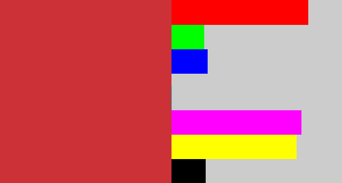 Hex color #cb3136 - reddish