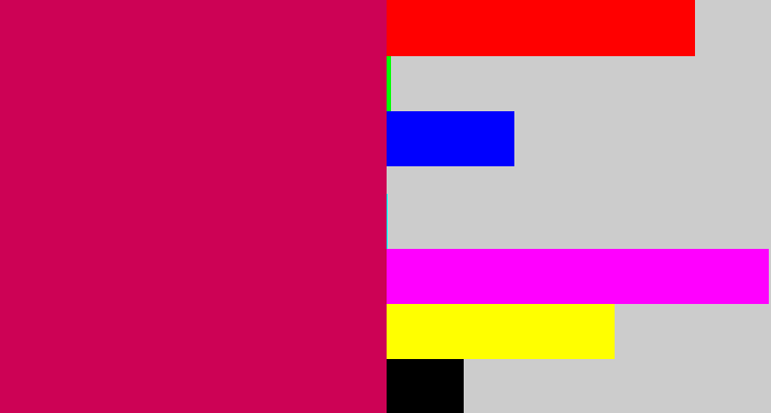 Hex color #cd0255 - deep pink