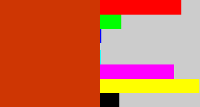 Hex color #ce3603 - brick orange