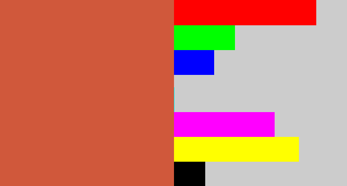 Hex color #d0583b - terra cotta