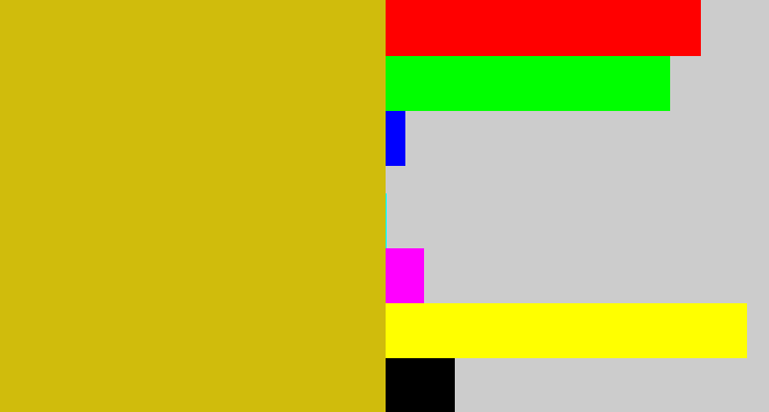 Hex color #d0bc0c - mustard yellow