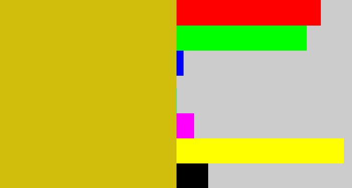 Hex color #d1bd0b - mustard yellow