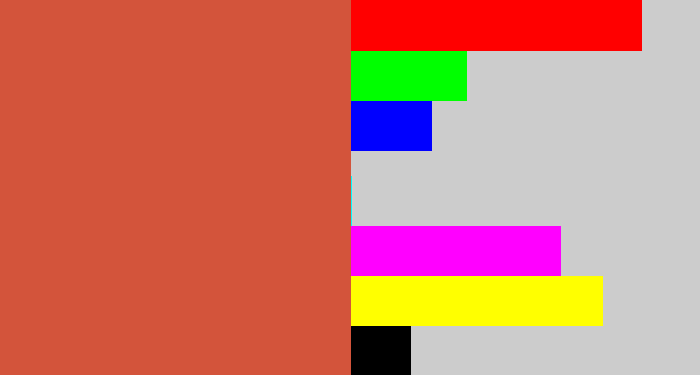 Hex color #d3543b - terra cotta
