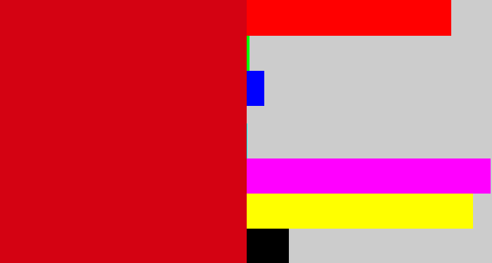 Hex color #d40212 - scarlet