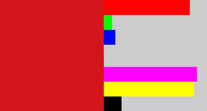 Hex color #d4151c - scarlet
