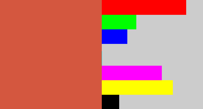Hex color #d4573f - pale red