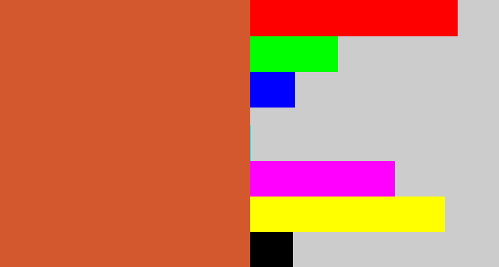 Hex color #d4582e - terra cotta