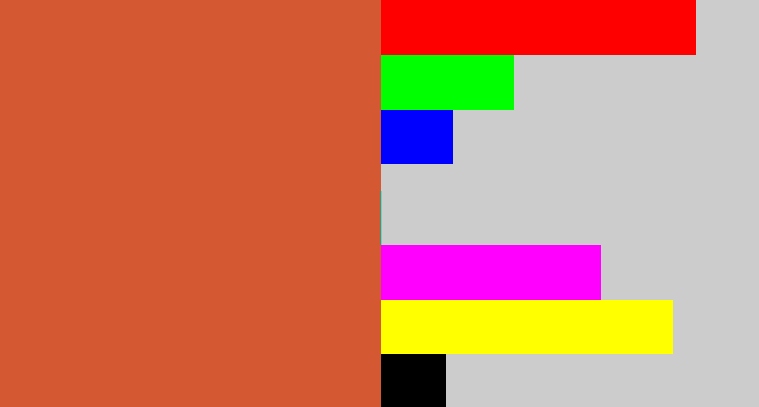 Hex color #d45831 - terra cotta