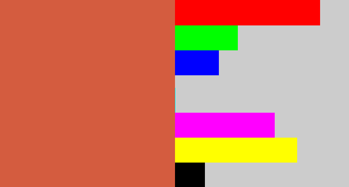 Hex color #d45c3f - terra cotta