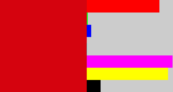 Hex color #d5030d - red