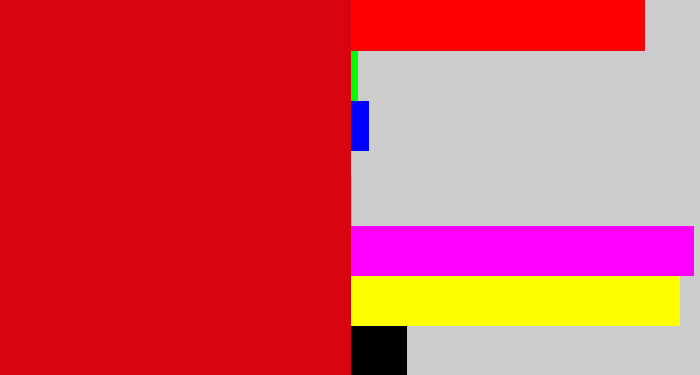 Hex color #d5040d - red
