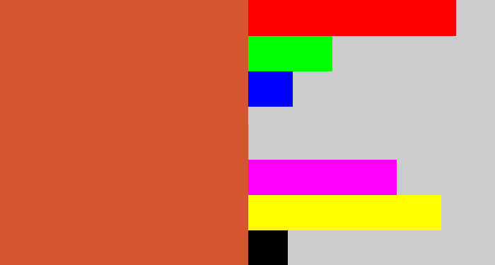 Hex color #d5562e - terra cotta