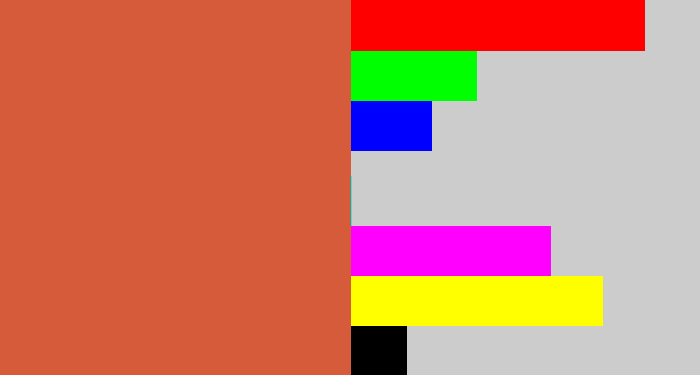 Hex color #d55b3b - terra cotta