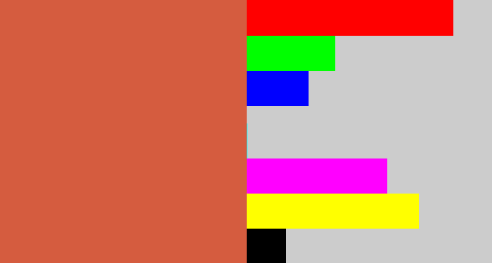 Hex color #d55c3f - terra cotta