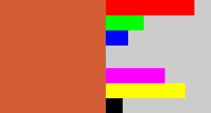 Hex color #d55d35 - terra cotta
