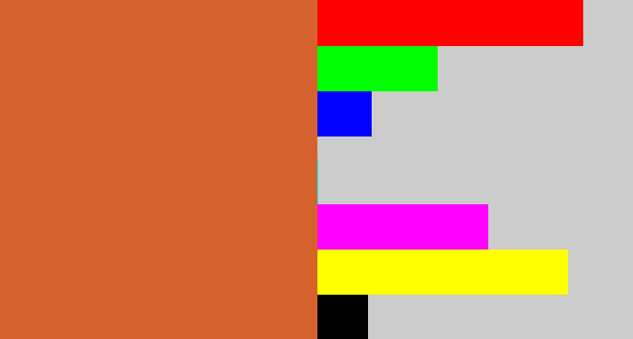 Hex color #d5622c - terra cotta