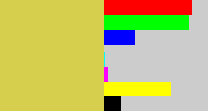 Hex color #d6cf4d - dull yellow