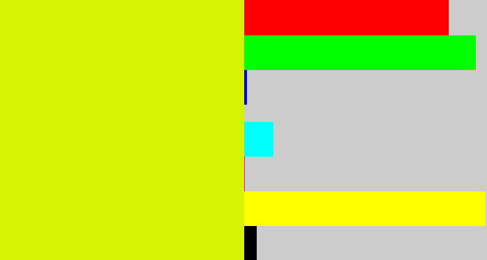 Hex color #d6f302 - greenish yellow