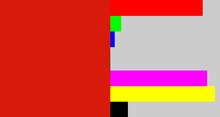 Hex color #d71a0a - tomato red