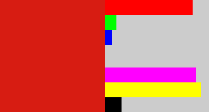Hex color #d71c12 - tomato red