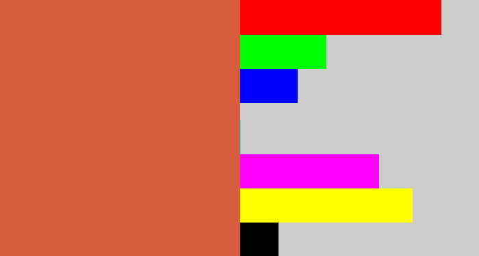 Hex color #d75b3d - terra cotta