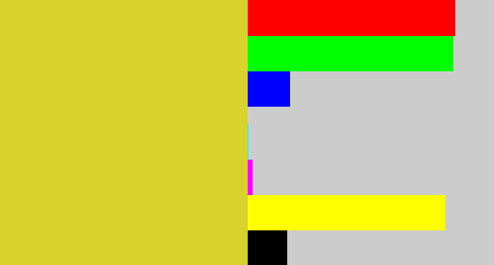 Hex color #d7d32c - sickly yellow