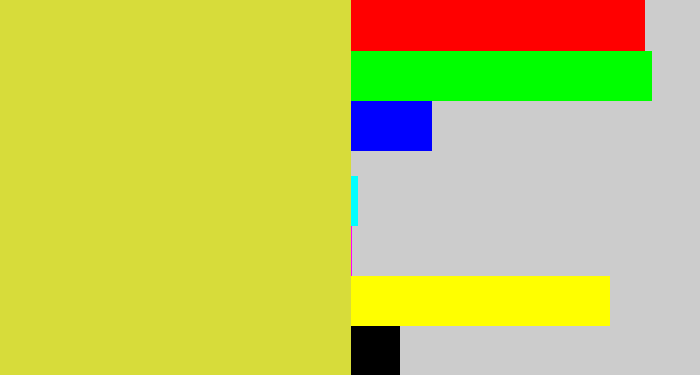 Hex color #d7dc3a - sickly yellow