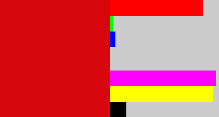 Hex color #d8070d - red