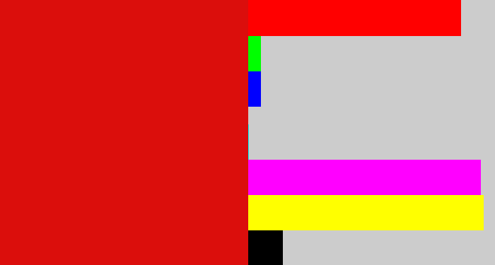 Hex color #db0e0c - red