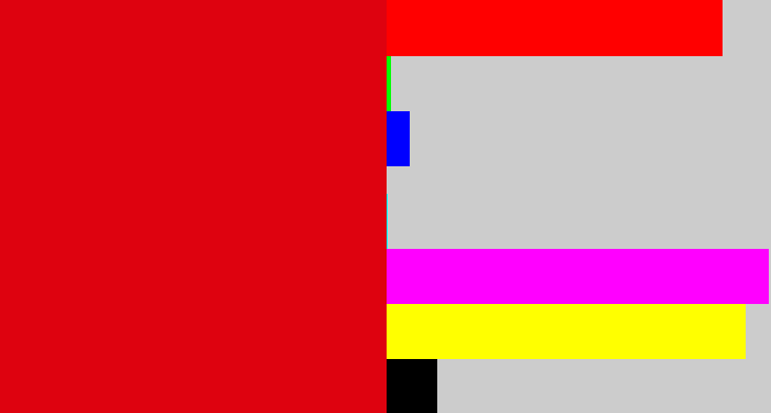 Hex color #de020f - red